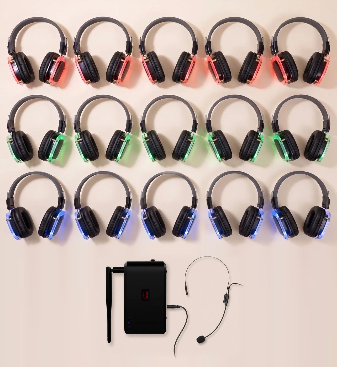 15 Silent-Disco-Kopfhörer, Sender TX300 und Headset-Mikrofon